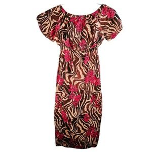 ASOS Maxi Dress Floral Brown Zebra Off Shoulder‎ Sz 8 Resort Vacation Cover Up